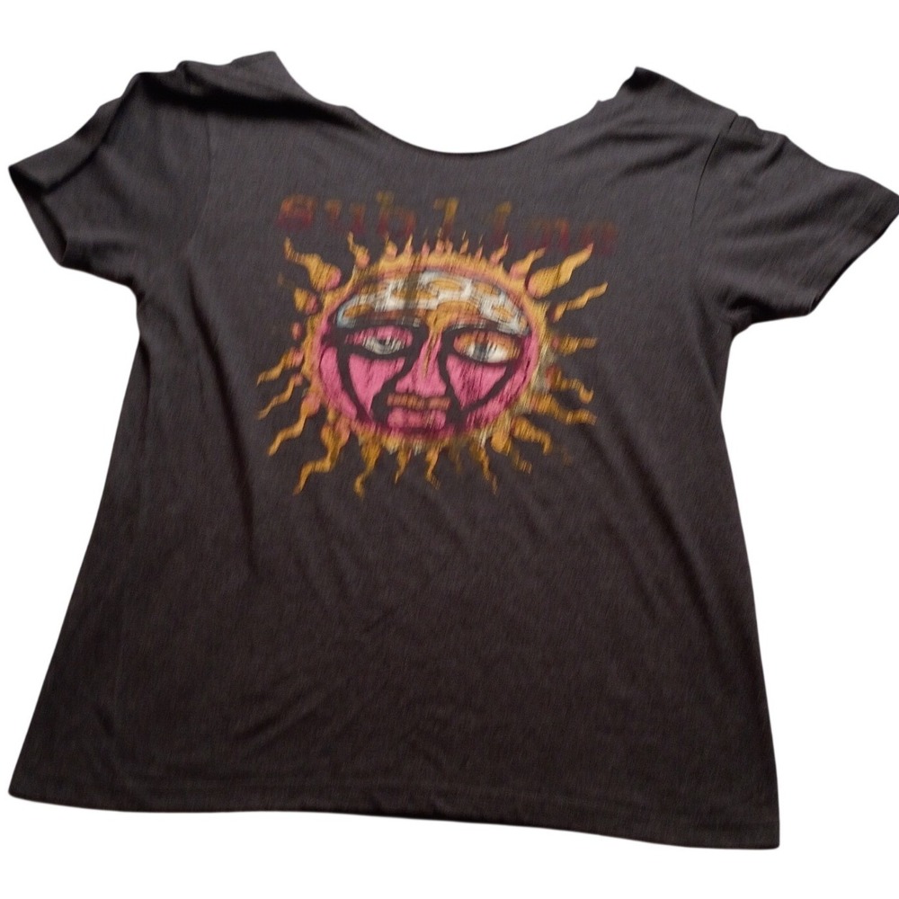 Sublime Graphic T-Shirt Women's Sun Logo Distressed Charcoal Grey Band Tee L